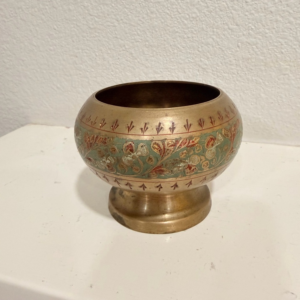 Vintage Brass Enamel Footed Bowl | Etched‎ Floral Boho Pedestal Decor